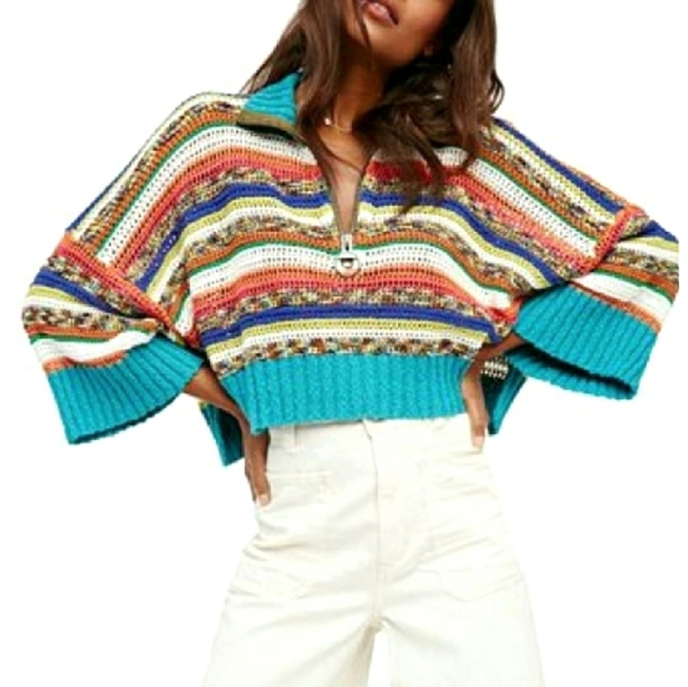[Free People] Make Me Happy Striped Crop Sweater